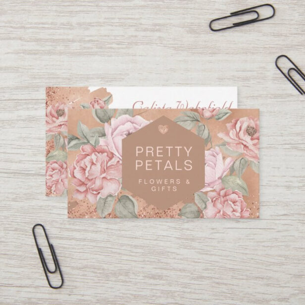 Elegant Watercolor Pink Botanical Peony Glitter Business Card