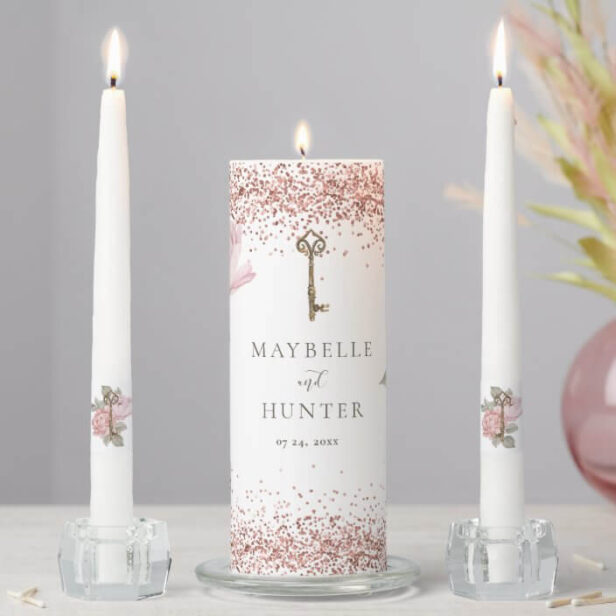 Elegant Watercolor Pink Botanical Peony Wedding Unity Candle Set