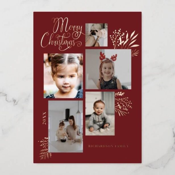 Elegant Winter Foliage 5 Photo Family Collage Gold Foil Holiday Card