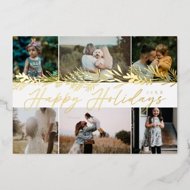 Elegant Winter Foliage 6 Photo Family Collage Gold Foil Holiday Card