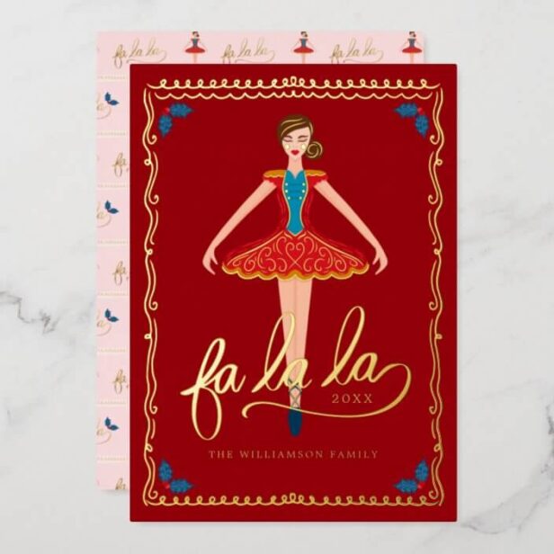 Fa La La Christmas Nutcracker Ballet Dancer Red Foil Holiday Card