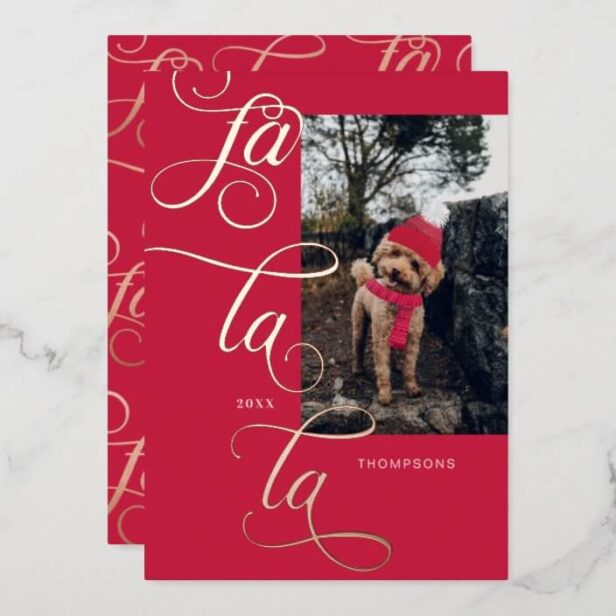 Fa La La Elegant Rose Gold Calligraphy Dog Scarf Gold Foil Red Holiday Card