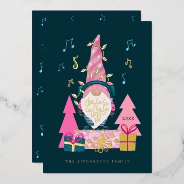Fa La La Fun Bright Christmas Carolling Gnome Gold Foil Holiday Card