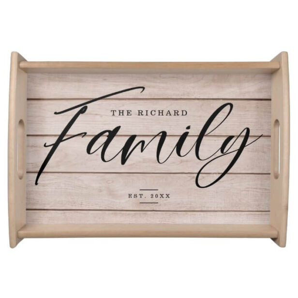 Family Script Faux Light Wood Plank Custom Name Serving Tray