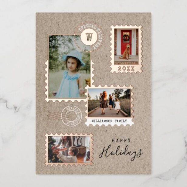 Fun Special Delivery Postage Stamps Photo Collage Gold Foil Holiday Card