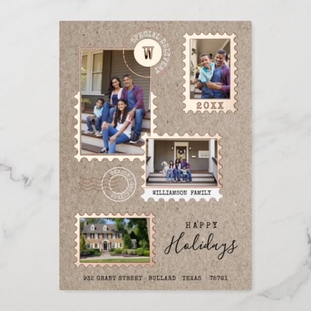 Fun Family Moving Postage Stamps Photo Collage Rose Gold Foil Holiday Card