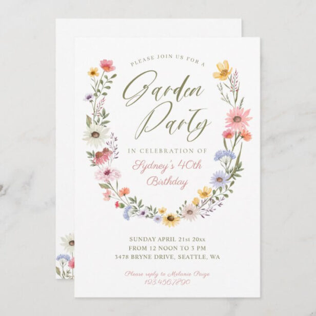 Garden Party Watercolor Wildflower Floral Birthday Invitation