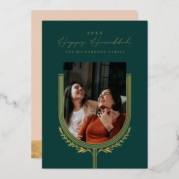 Happy Hanukkah Elegant Golden Menorah Photo Arch Gold Foil Holiday Card