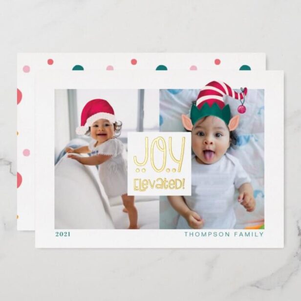 Joy Elevated Fun Elf & Santa Claus Hat 2 Photo Gold Foil Holiday Card