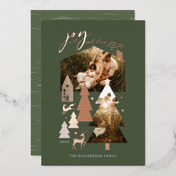 Joy In Simple Things Cozy Woodland Village 2 Photo Gold Foil Green Holiday Card