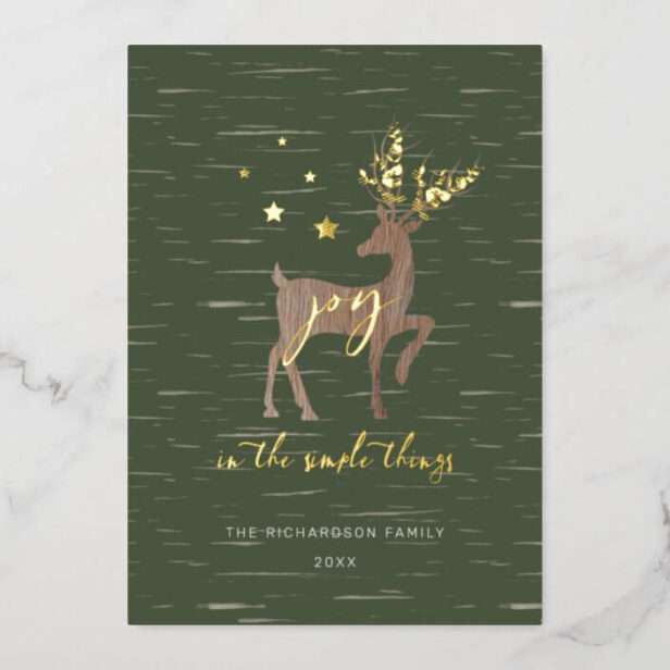 Joy In the Simple Things Birch Bark Woodgrain Deer Gold Foil Holiday Card