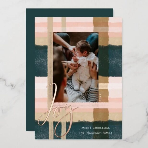Joy | Modern Green & Pink Watercolor Plaid Photo Rose Gold Foil Green Holiday Card