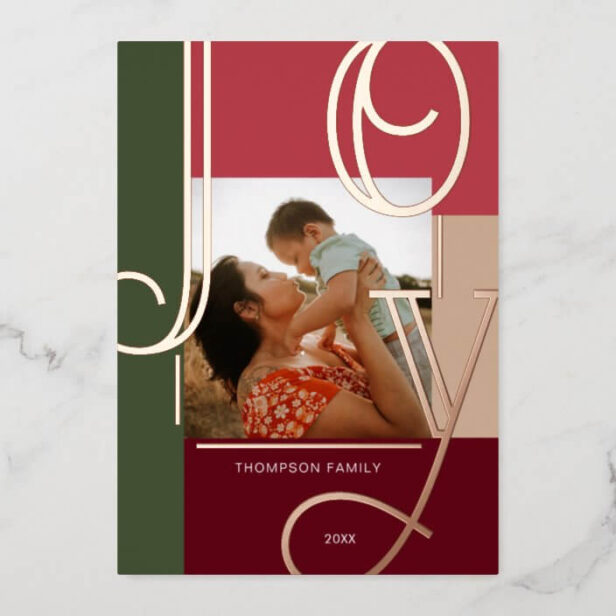 Joy Overlay Bold Modern Color Blocks Family Photo Foil Red & Green Holiday Card