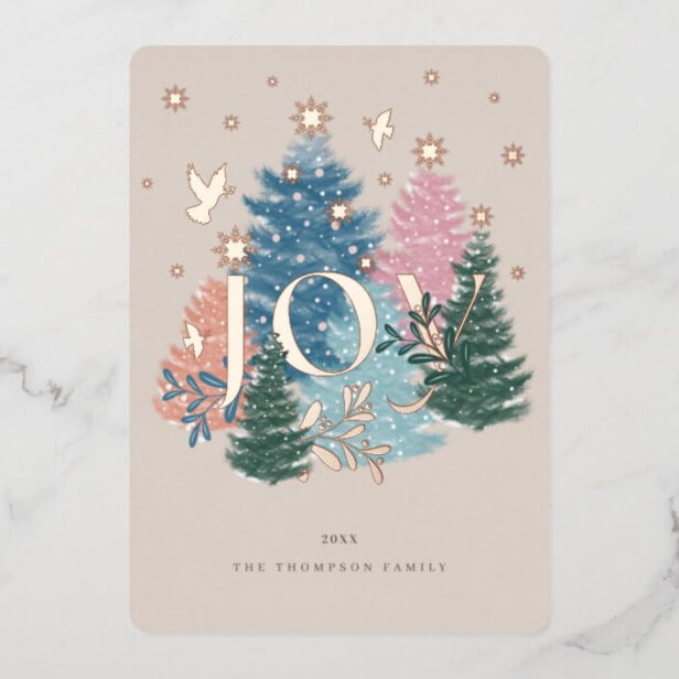 Joy Pastel Watercolor Christmas Tree Forest & Dove Rose Gold Foil Holiday Card