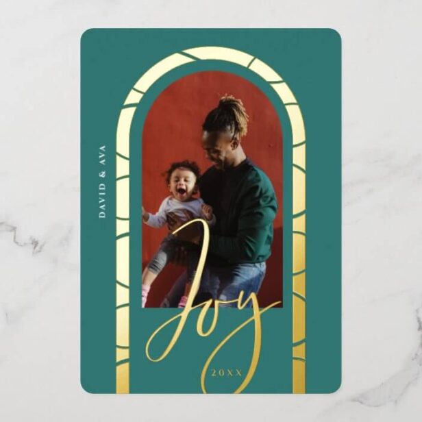 Joy Script Elegant Arch Photo Family Frame Gold Foil Holiday Card