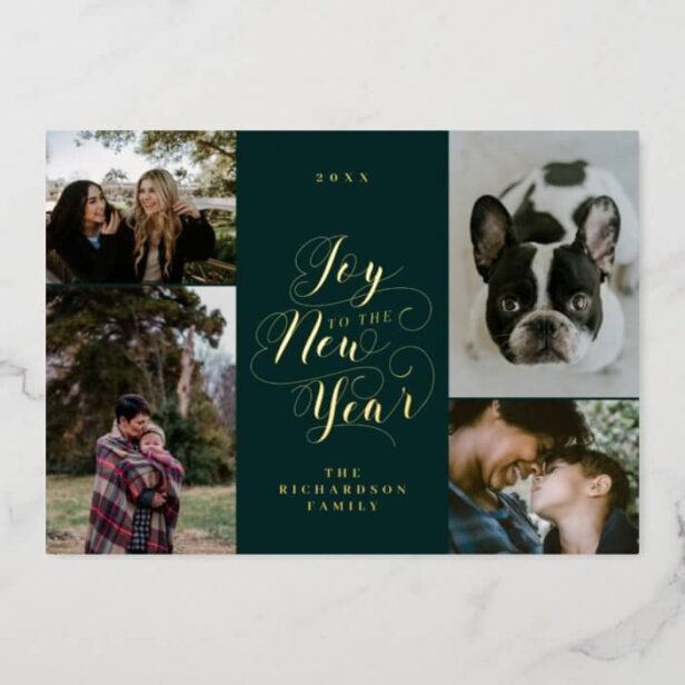 Joy to the New Year | Four Photo Elegant Script Golf Foil Green Holiday Card
