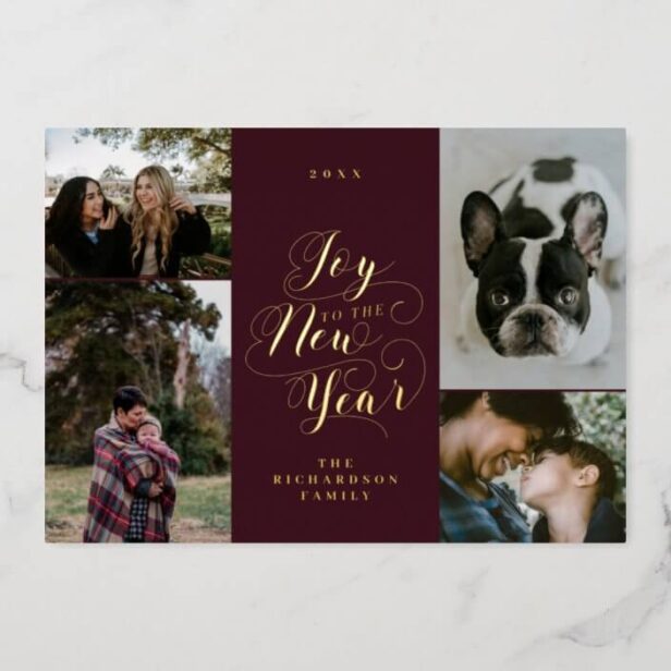 Joy to the New Year | Four Photo Elegant Script Gold Foil Burgundy Holiday Card
