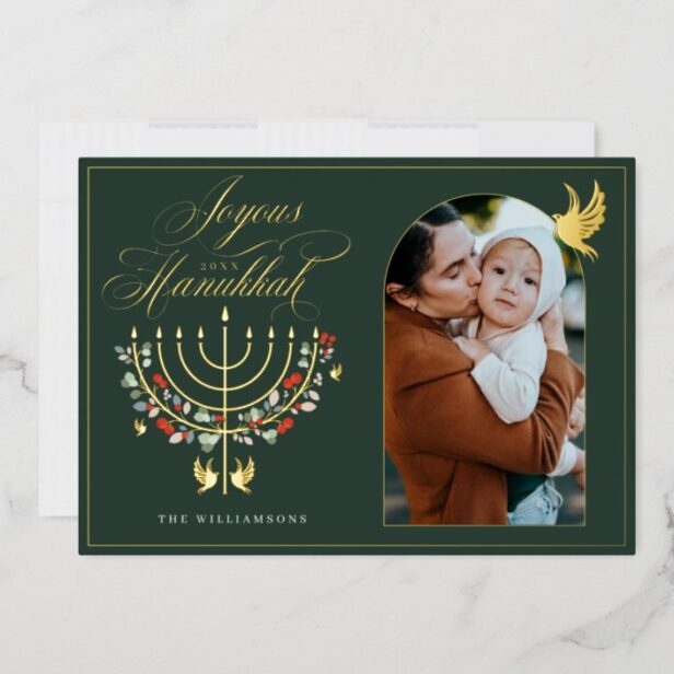 Joyous Hanukkah Festive Menorah Candle Photo Gold Foil Green Holiday Card