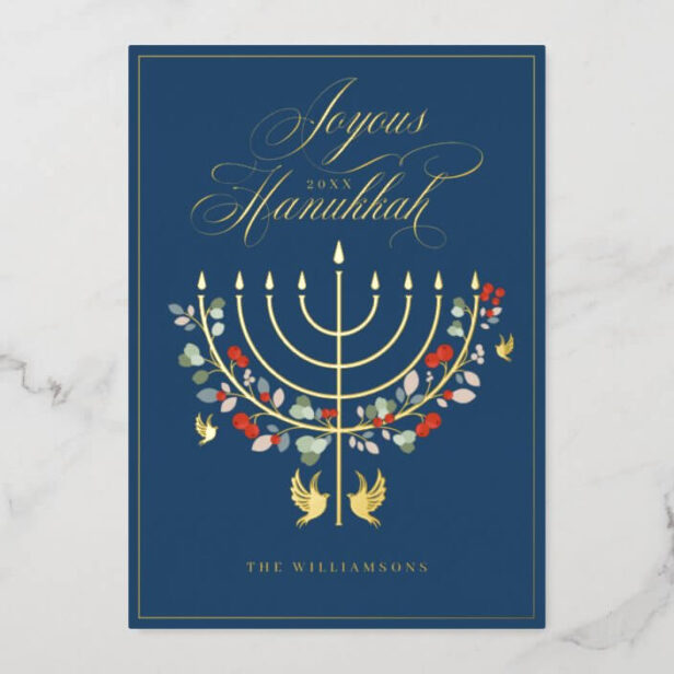Joyous Hanukkah Festive Menorah Candle Photo Gold Foil Navy Holiday Card