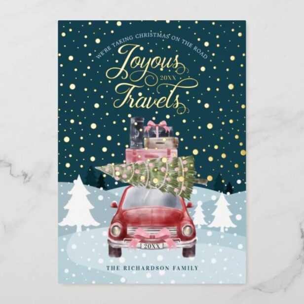 Joyous Travels Road Trip Red Retro Watercolor Gold Foil Holiday Card