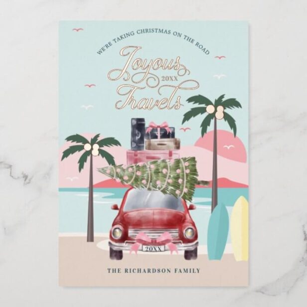 Joyous Travels Tropical Road Trip Red Retro Car Rose Gold Foil Holiday Card