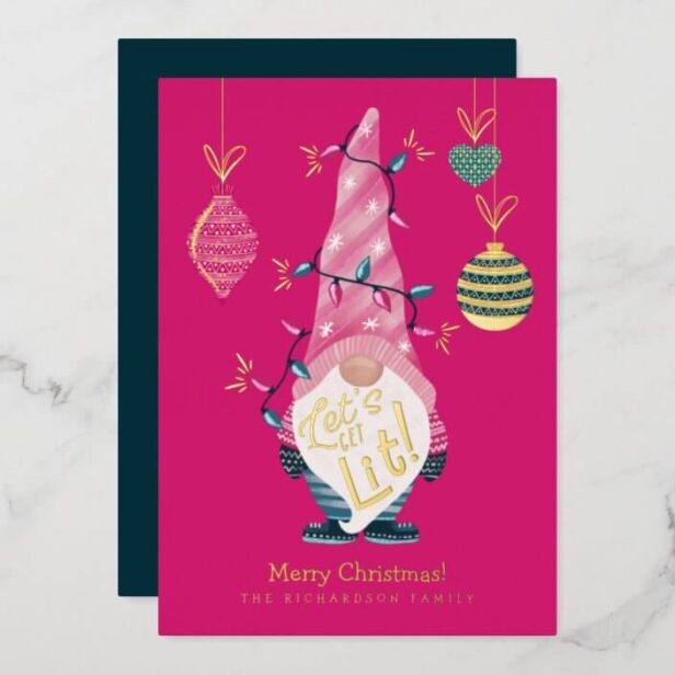 Let's Get Lit Fun Bright Gnome Christmas Lights Gold Foil Holiday Card