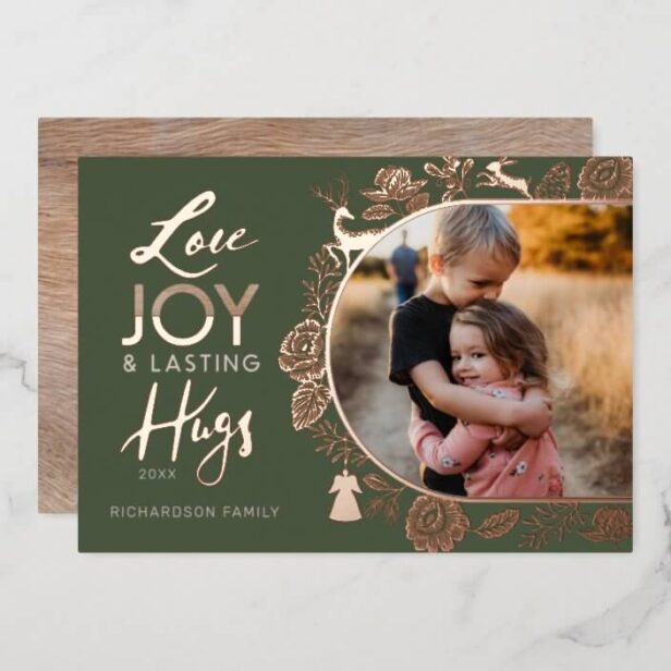Love Joy & Lasting Hugs Woodland Animal Arch Photo Gold Foil Green Holiday Card