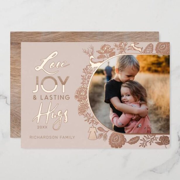 Love Joy & Lasting Hugs Woodland Animal Arch Photo Gold Foil Pink Holiday Card
