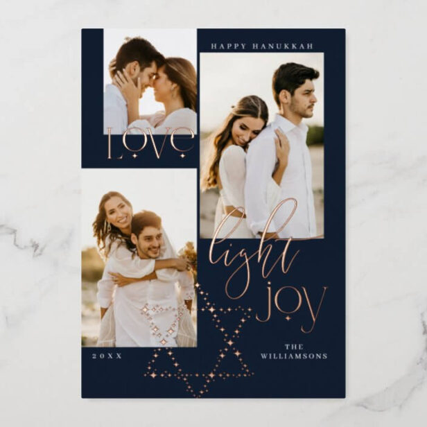 Love Light Joy Star David Hanukkah 3 Photo Collage Rose Gold Foil Navy Holiday Card