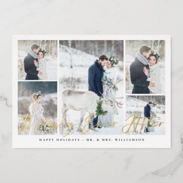 Merrily Ever After Minimal 5 Photo Collage Gold Foil Holiday Card