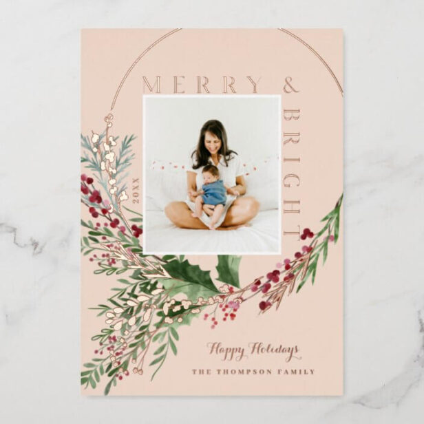 Merry & Bright Watercolor Greenery Wreath Photo Gold Foil Pink Holiday Card