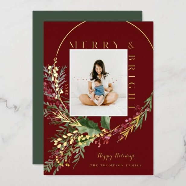 Merry & Bright Watercolor Greenery Wreath Photo Gold Foil Red Holiday Card