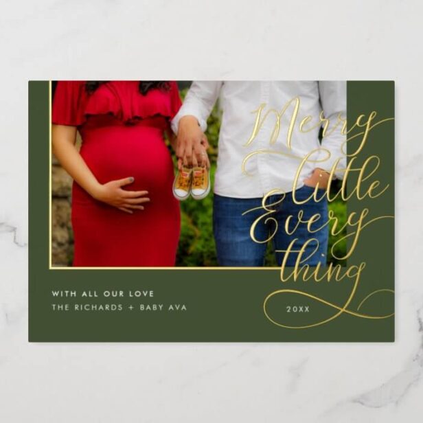Merry Little Everything Baby On the Way Photo Gold Foil Holiday Card