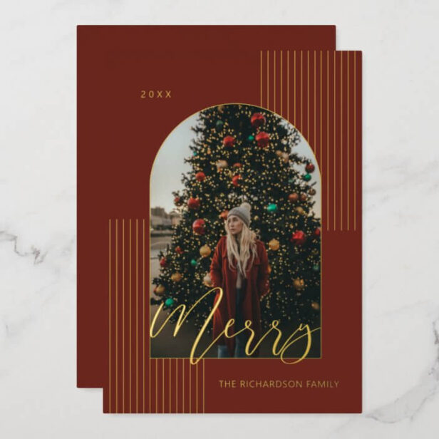 Merry Script Modern Stripes Photo Arch Frame Red Gold Foil Burgundy Holiday Card