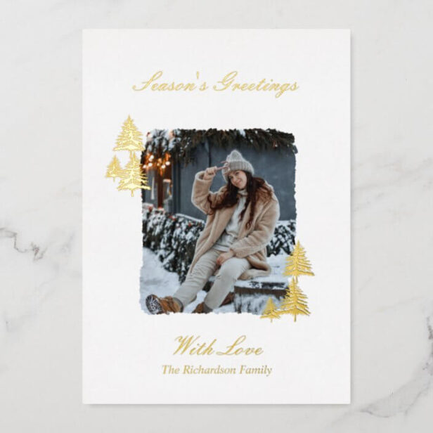 Minimal Family Photo Gold Pine Trees Festive Gold Foil Holiday Card