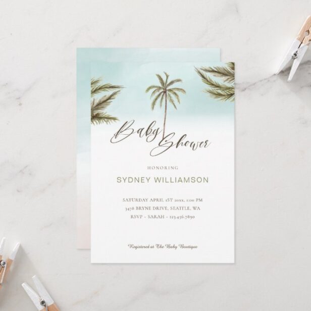 Minimal Tropical Watercolor Palm Trees Baby Shower Invitation