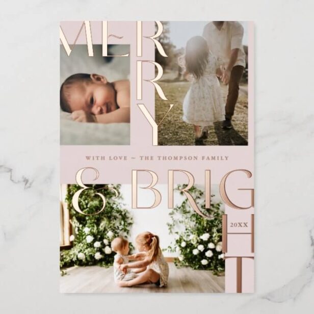 Modern Merry & Bright Bold Typography 3 Photo Pink Gold Foil Holiday Card