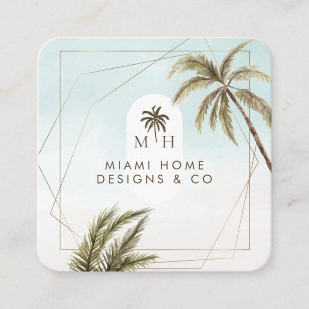 Modern Tropical Watercolor Palm Trees Monogram Square Business Card