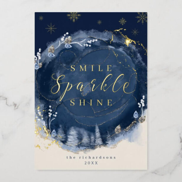 Navy Watercolor Ink & Jewels Winter Night Holiday Gold Foil Holiday Card