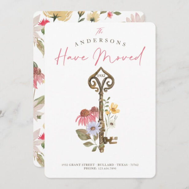 New Home Watercolor Wildflower Floral Vintage Key Announcement