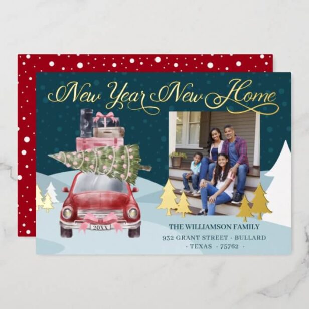 New Year New Home Chic Red Retro Car Moving Photo Gold Foil Holiday Card