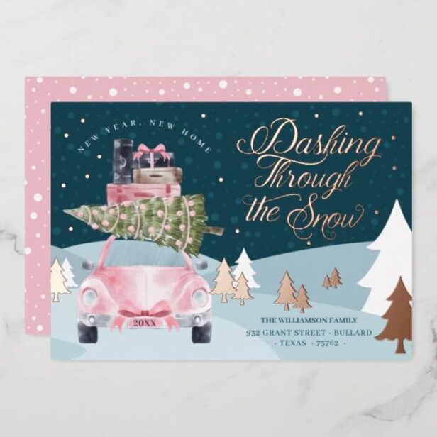 New Year New Home Snowy Pink Retro Watercolor Rose Gold Foil Holiday Card
