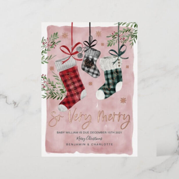 Pregnancy Announcement Watercolor Family Stockings Gold Foil Christmas Card