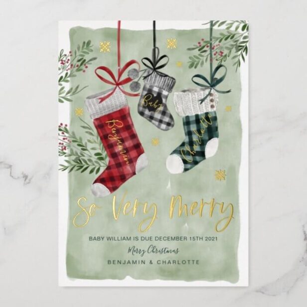 Pregnancy Announcement Watercolor Family Stockings Gold Foil Holiday Card