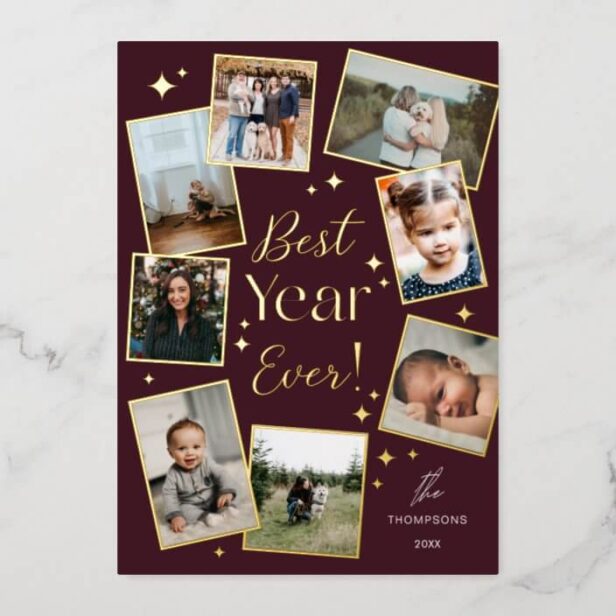 Best Year Ever! 8 Family Photo Scrapbook Collage Gold Foil Burgundy Holiday Card