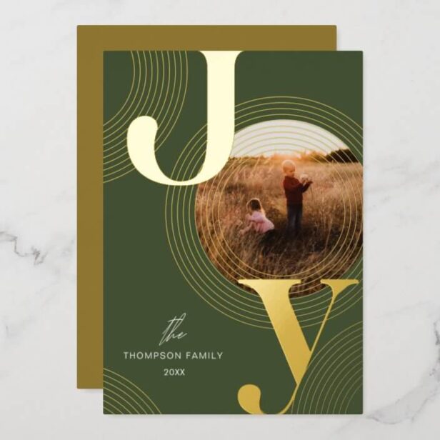 Ripples of Joy Modern Concentric Circles Photo Gold Foil Green Holiday Card