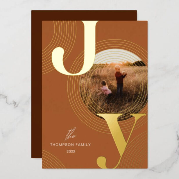 Ripples of Joy Modern Concentric Circles Photo Gold Foil Terracotta Holiday Card
