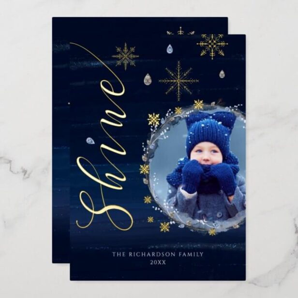 Shine Elegant Snowflakes & Jewels Photo Wreath Gold Foil Holiday Card