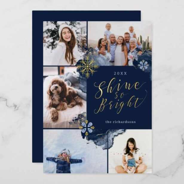Shine So Bright & Navy Gold Agate Ink Five Photo Gold Foil Holiday Card
