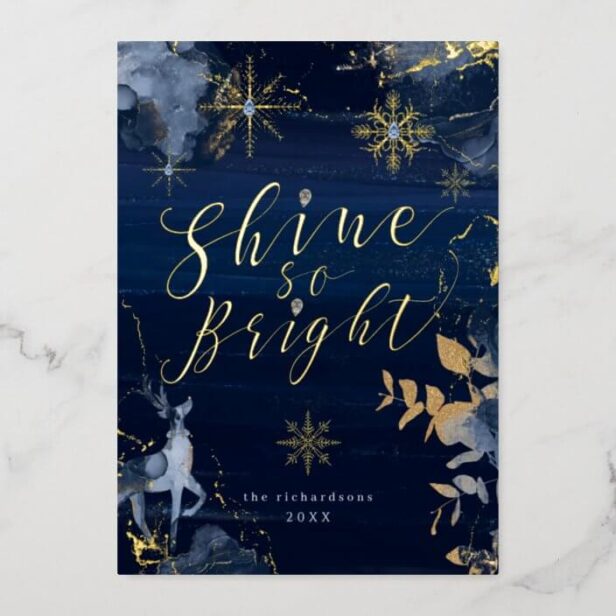 Shine So Bright Navy Gold Snowflakes & Reindeer Gold Foil Navy Holiday Card